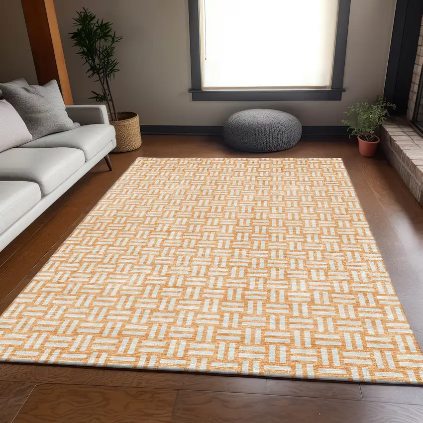 Peach And Ivory Abstract Geometric Washable Area Rug With UV Protection Photo 6
