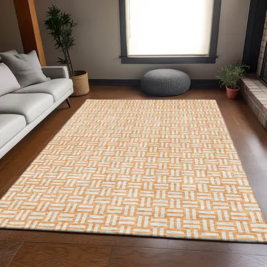 Peach And Ivory Abstract Geometric Washable Area Rug With UV Protection Photo 5