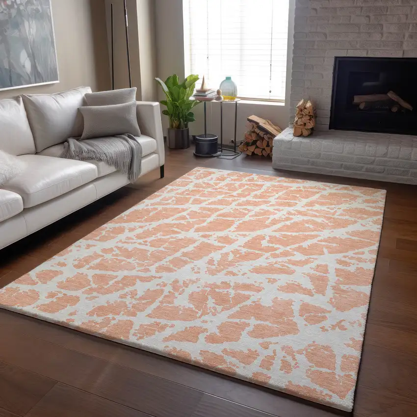 Peach And Ivory Abstract Washable Area Rug With UV Protection Photo 4