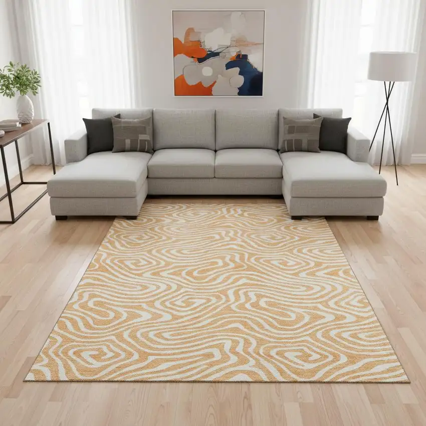 Peach And Ivory Abstract Washable Area Rug With UV Protection Photo 2