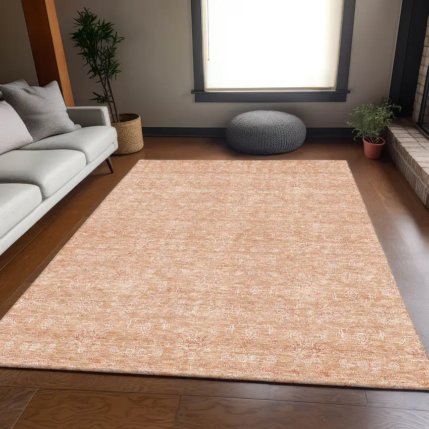 Peach And Ivory Floral Washable Area Rug With UV Protection Photo 5