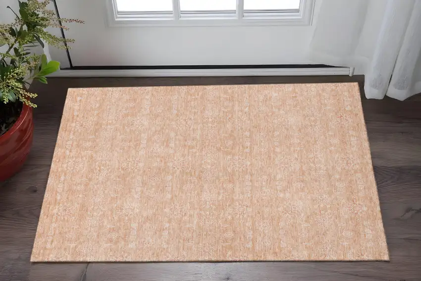Peach And Ivory Floral Washable Area Rug With UV Protection Photo 2