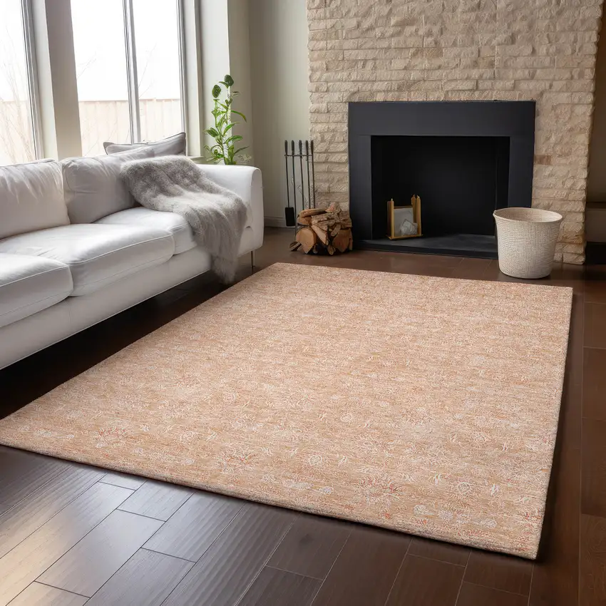 Peach And Ivory Floral Washable Area Rug With UV Protection Photo 5