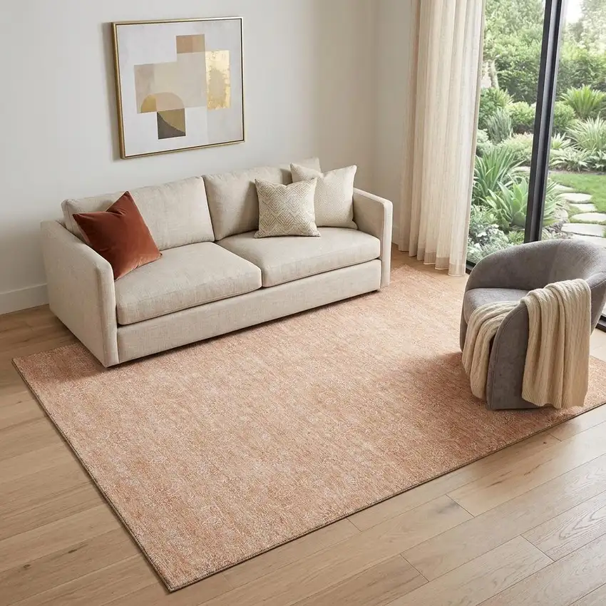 Peach And Ivory Floral Washable Area Rug With UV Protection Photo 1
