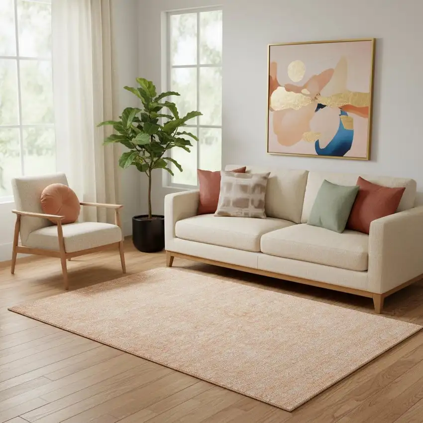 Peach And Ivory Floral Washable Area Rug With UV Protection Photo 1