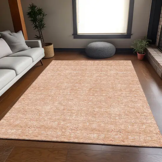 Peach And Ivory Floral Washable Area Rug With UV Protection Photo 4