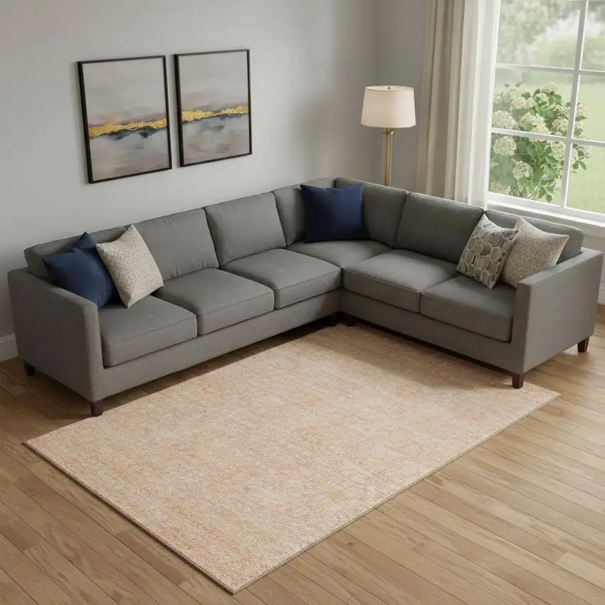 Peach And Ivory Floral Washable Area Rug With UV Protection Photo 1