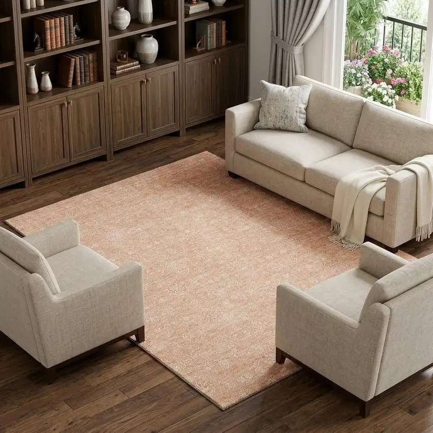 Peach And Ivory Floral Washable Area Rug With UV Protection Photo 1