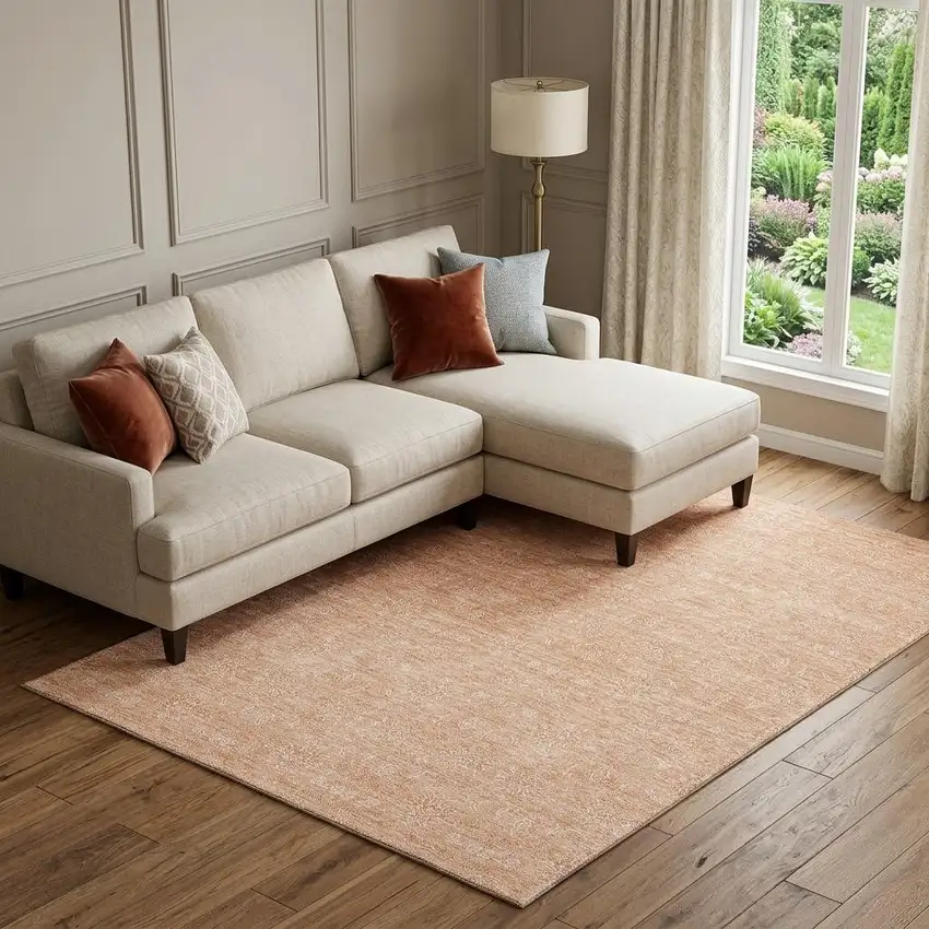 Peach And Ivory Floral Washable Area Rug With UV Protection Photo 1