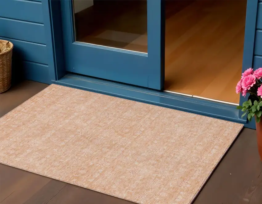 Peach And Ivory Floral Washable Indoor Outdoor Area Rug Photo 1
