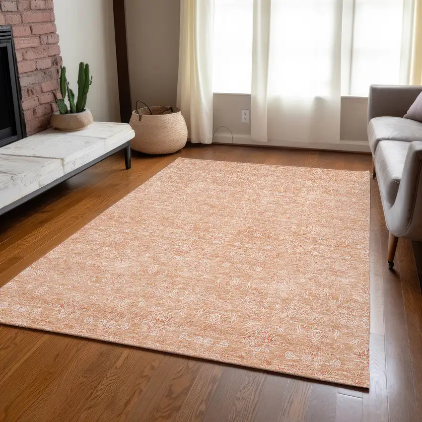 Peach And Ivory Floral Washable Indoor Outdoor Area Rug Photo 7