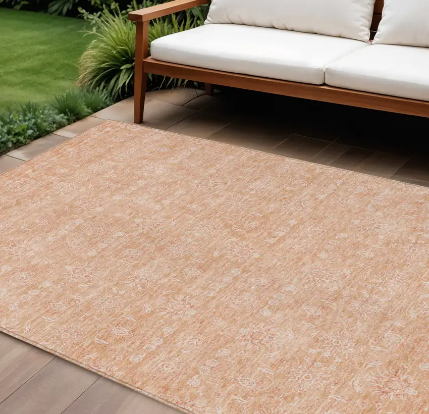 Peach And Ivory Floral Washable Indoor Outdoor Area Rug Photo 1