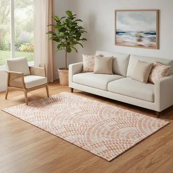 Peach And Ivory Geometric Washable Area Rug With UV Protection Photo 1