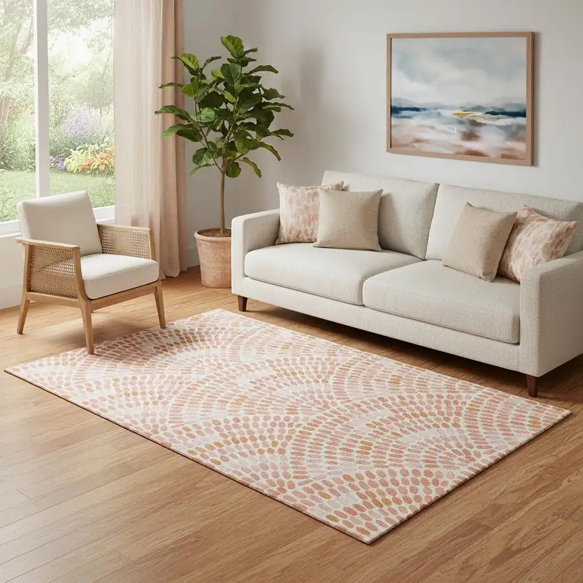 Peach And Ivory Geometric Washable Area Rug With UV Protection Photo 1