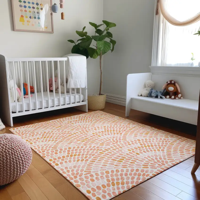 Peach And Ivory Geometric Washable Area Rug With UV Protection Photo 4