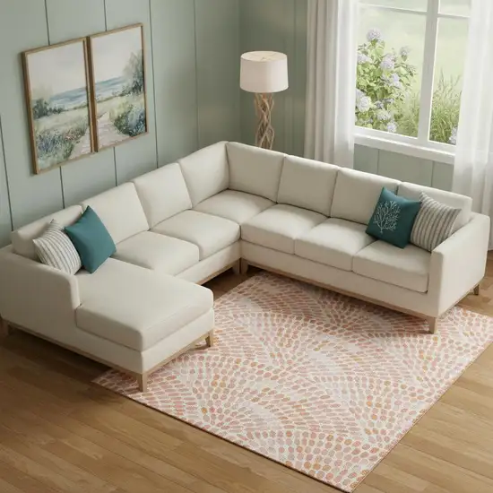 Peach And Ivory Geometric Washable Area Rug With UV Protection Photo 1