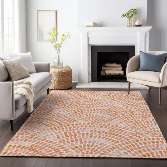 Peach And Ivory Geometric Washable Area Rug With UV Protection Photo 6