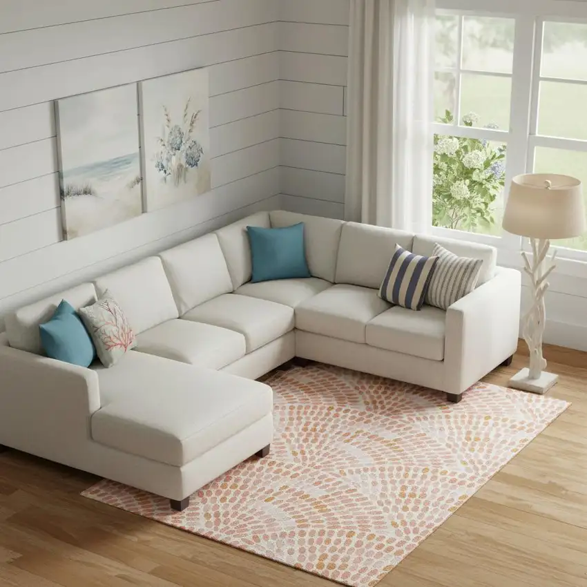 Peach And Ivory Geometric Washable Area Rug With UV Protection Photo 1