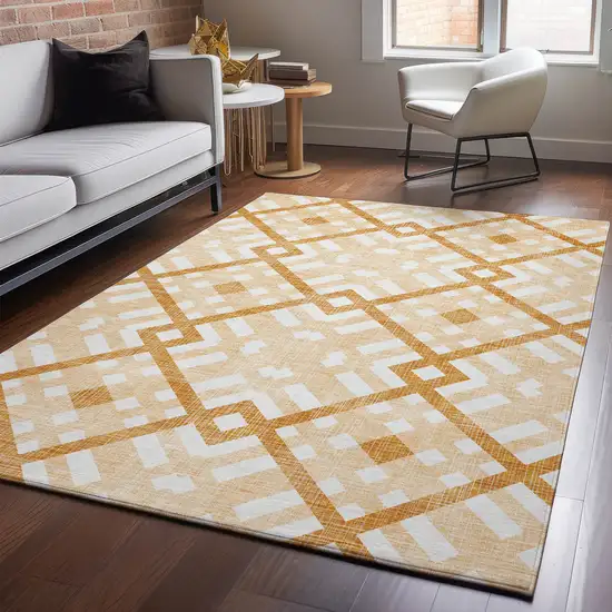 Peach And Ivory Geometric Washable Area Rug With UV Protection Photo 4