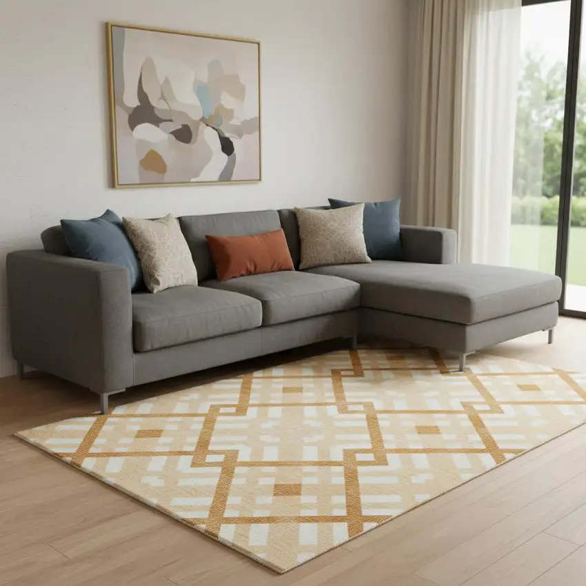 Peach And Ivory Geometric Washable Area Rug With UV Protection Photo 1