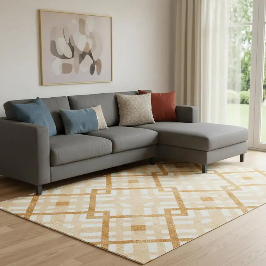 Peach And Ivory Geometric Washable Area Rug With UV Protection Photo 1