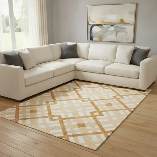 Peach And Ivory Geometric Washable Area Rug With UV Protection Photo 1