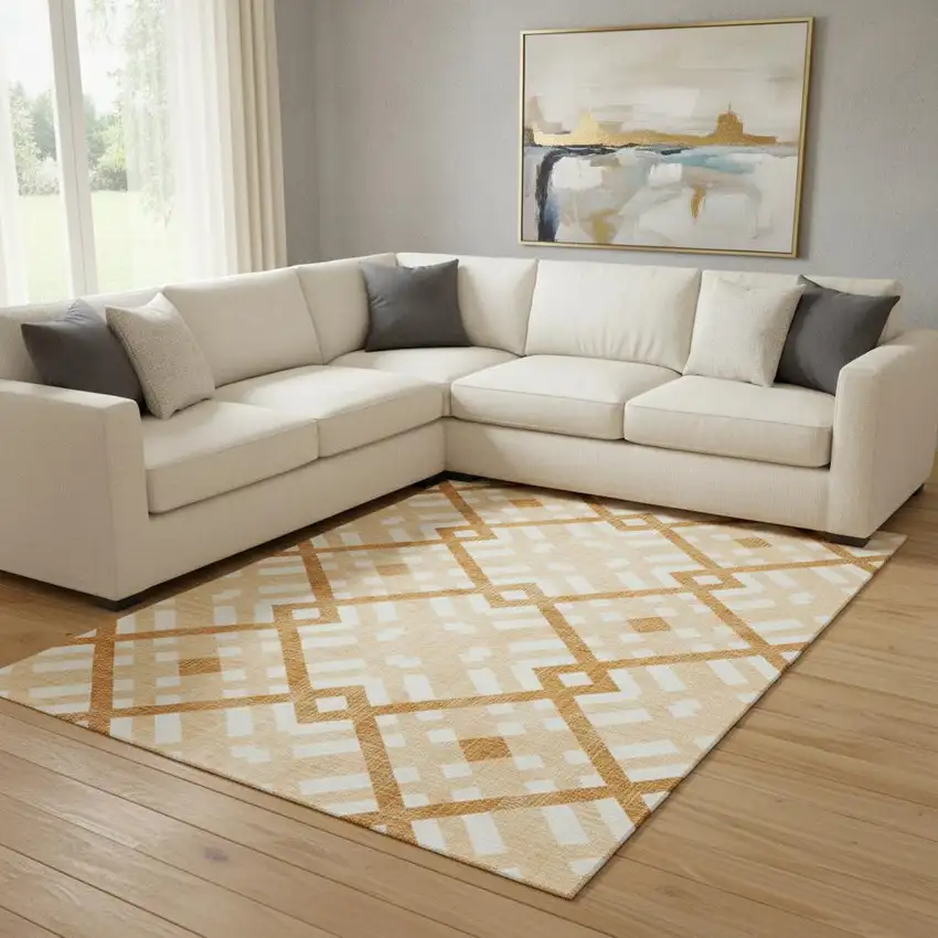 Peach And Ivory Geometric Washable Area Rug With UV Protection Photo 1