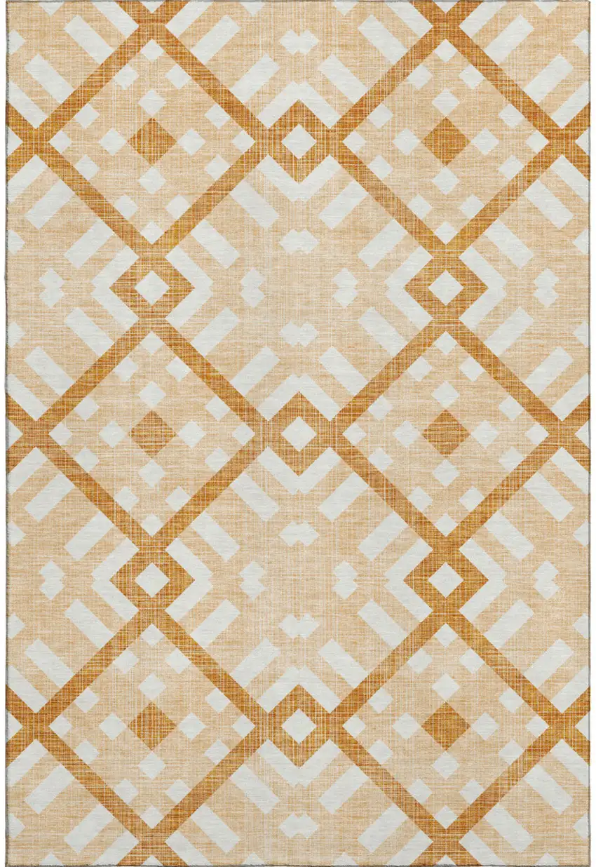 Peach And Ivory Geometric Washable Area Rug With UV Protection Photo 1