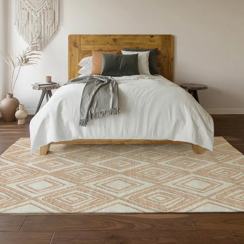 Peach And Ivory Geometric Washable Area Rug With UV Protection Photo 7