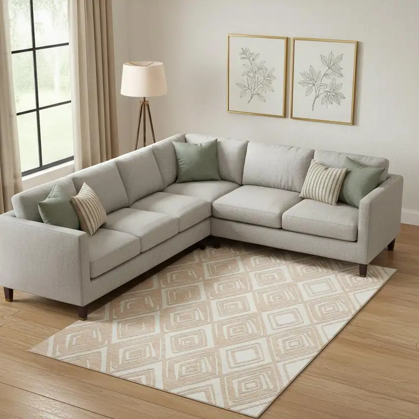 Peach And Ivory Geometric Washable Area Rug With UV Protection Photo 1