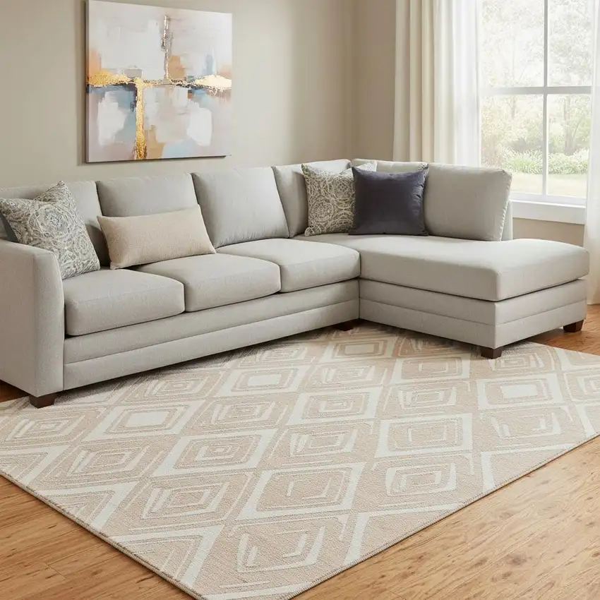 Peach And Ivory Geometric Washable Area Rug With UV Protection Photo 1