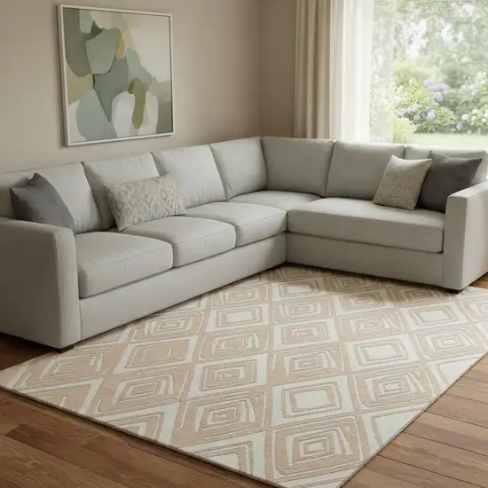 Peach And Ivory Geometric Washable Area Rug With UV Protection Photo 1