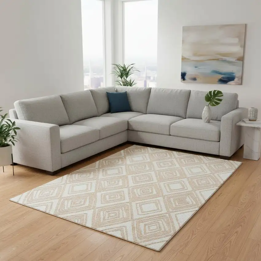 Peach And Ivory Geometric Washable Area Rug With UV Protection Photo 1