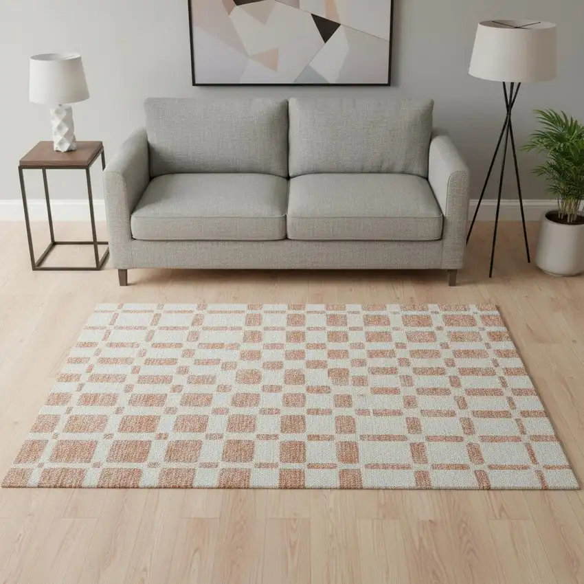 Peach And Ivory Geometric Washable Area Rug With UV Protection Photo 2