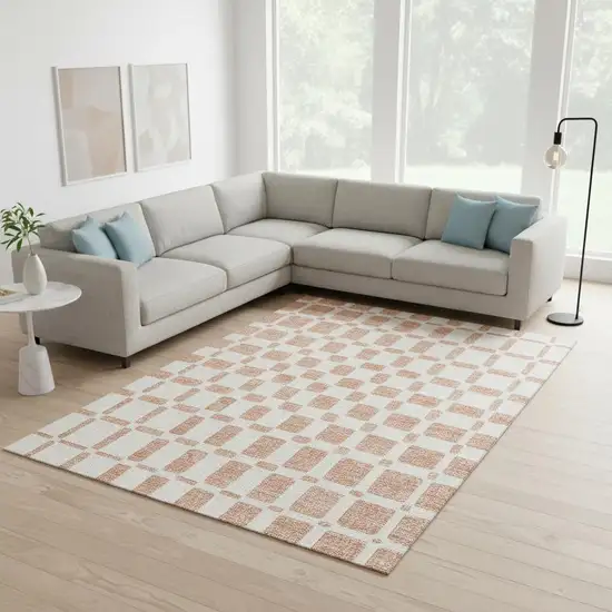 Peach And Ivory Geometric Washable Area Rug With UV Protection Photo 2