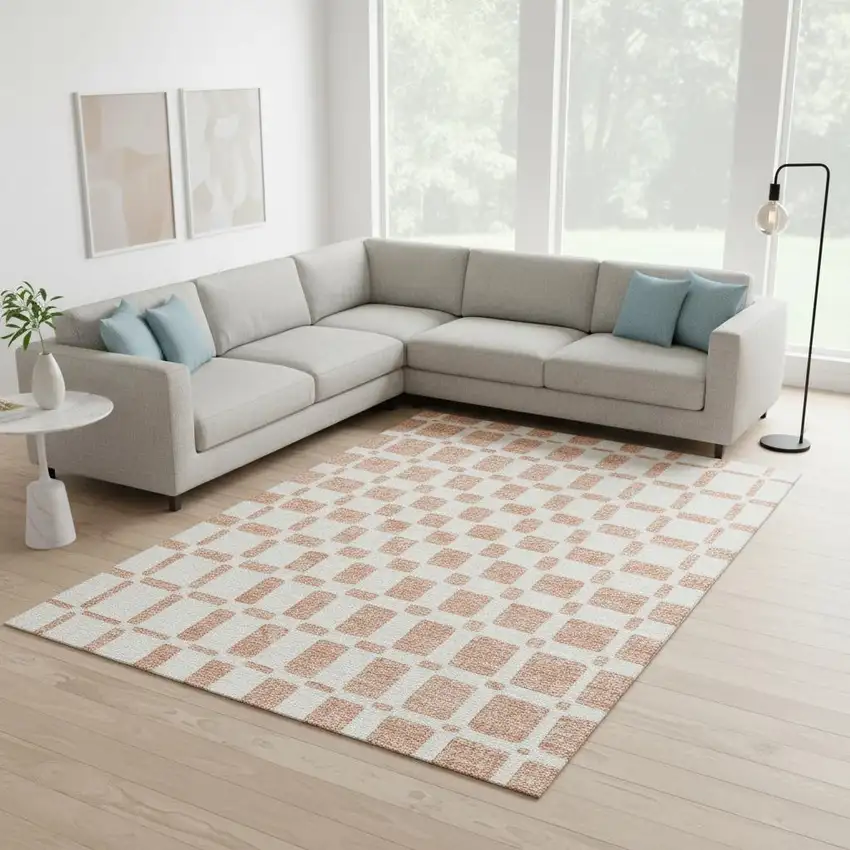 Peach And Ivory Geometric Washable Area Rug With UV Protection Photo 2