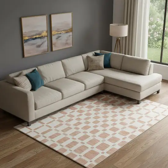 Peach And Ivory Geometric Washable Area Rug With UV Protection Photo 1