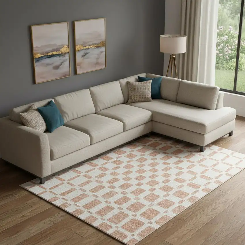 Peach And Ivory Geometric Washable Area Rug With UV Protection Photo 1