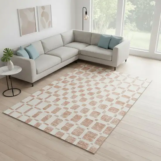 Peach And Ivory Geometric Washable Area Rug With UV Protection Photo 2