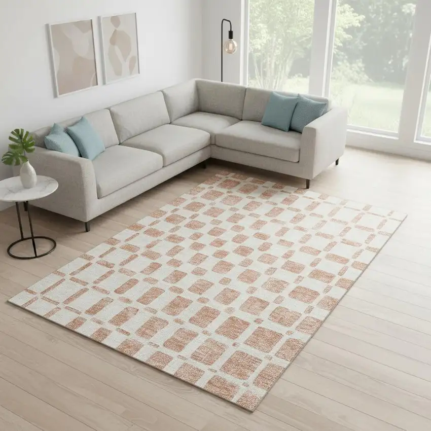 Peach And Ivory Geometric Washable Area Rug With UV Protection Photo 2
