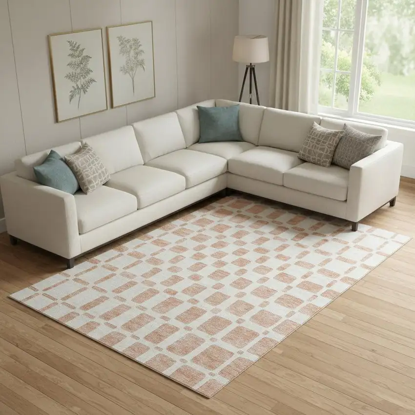 Peach And Ivory Geometric Washable Area Rug With UV Protection Photo 1