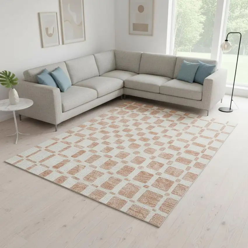 Peach And Ivory Geometric Washable Area Rug With UV Protection Photo 2