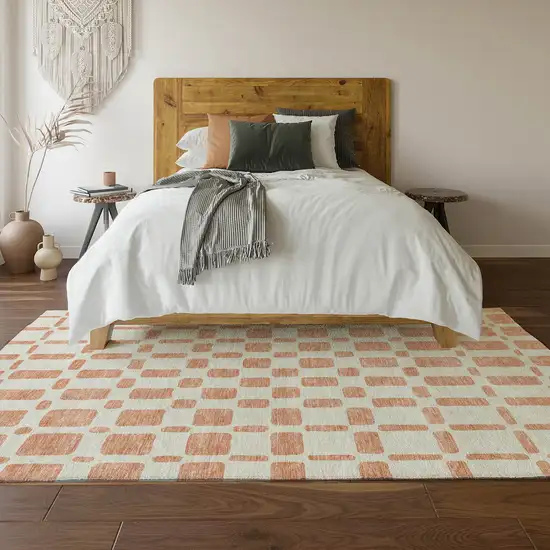 Peach And Ivory Geometric Washable Area Rug With UV Protection Photo 6