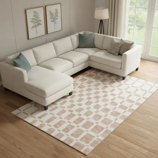 Peach And Ivory Geometric Washable Area Rug With UV Protection Photo 1