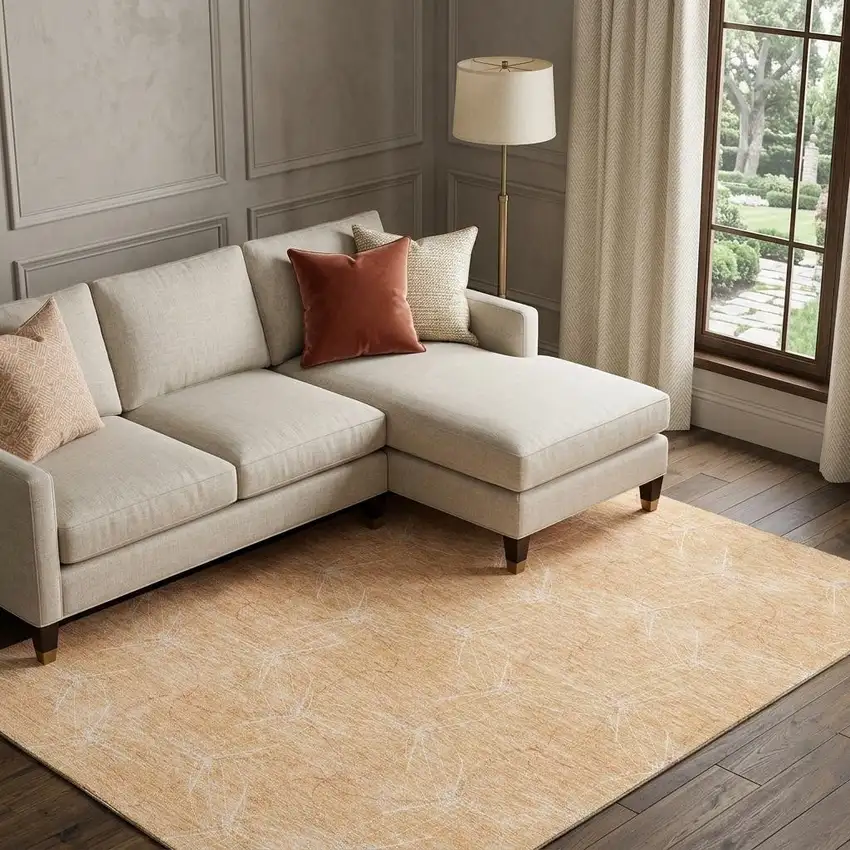 Peach And Ivory Geometric Washable Area Rug With UV Protection Photo 1