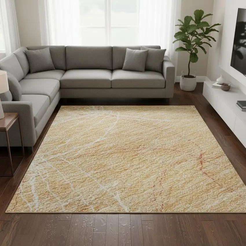 Peach And Ivory Geometric Washable Area Rug With UV Protection Photo 2