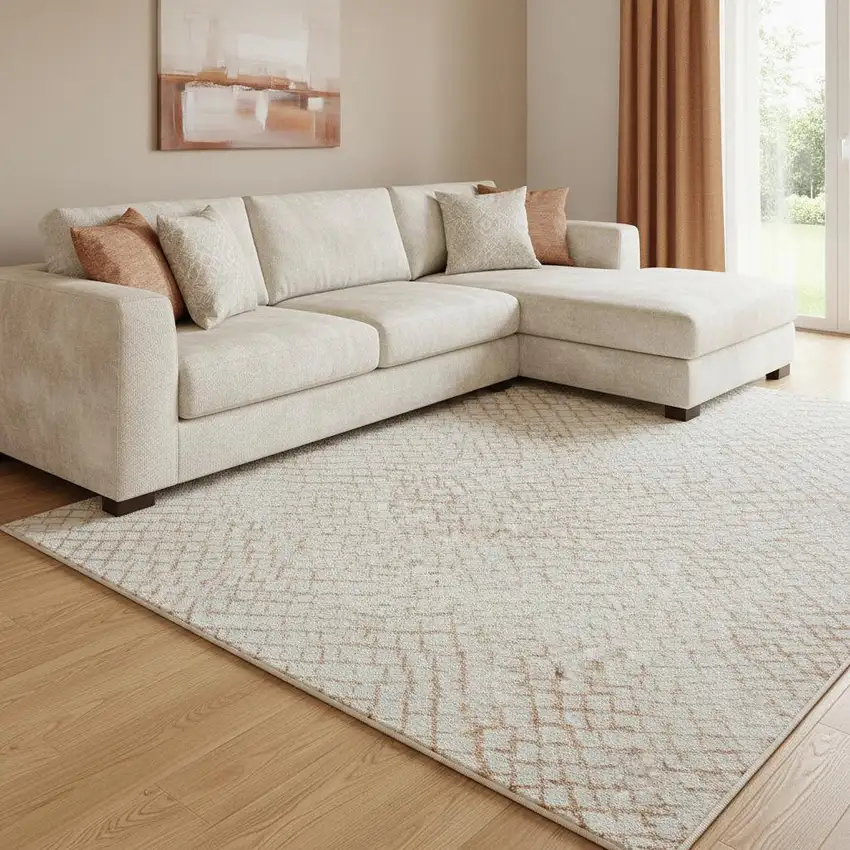 Peach And Ivory Geometric Washable Area Rug With UV Protection Photo 2