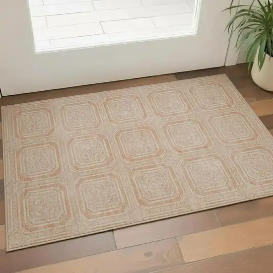 Peach And Ivory Geometric Washable Area Rug With UV Protection Photo 2