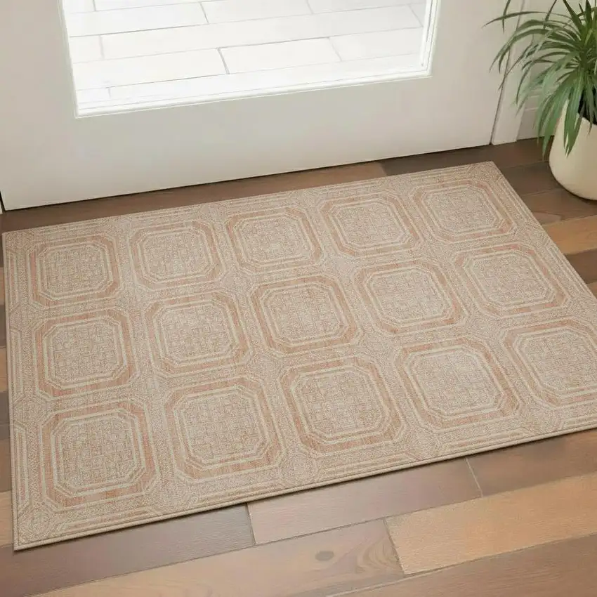 Peach And Ivory Geometric Washable Area Rug With UV Protection Photo 2