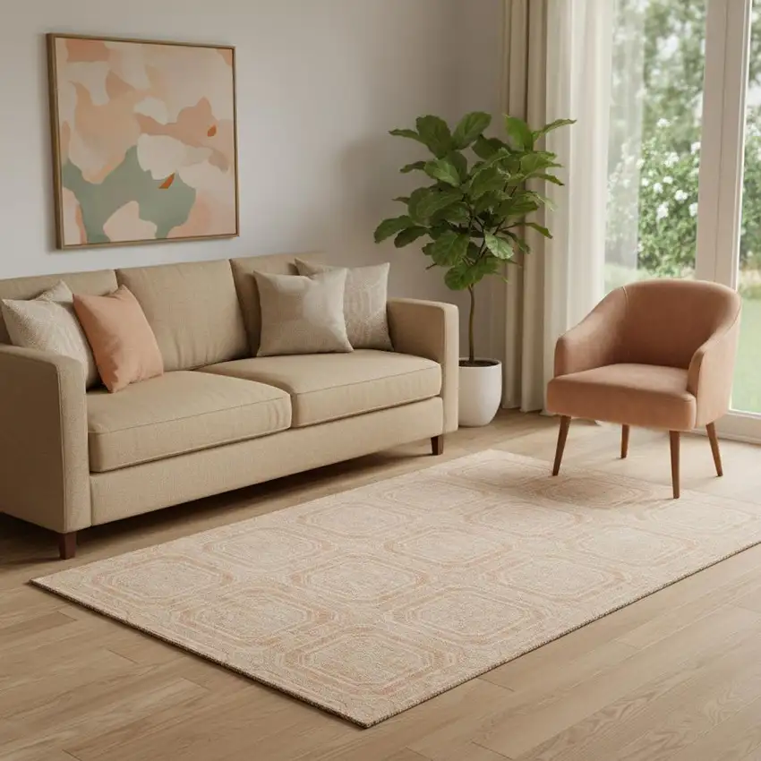 Peach And Ivory Geometric Washable Area Rug With UV Protection Photo 2